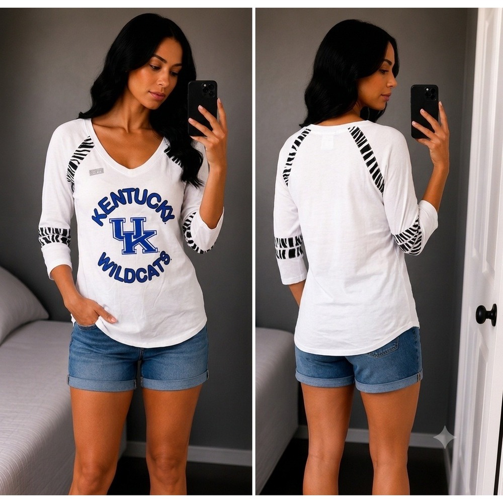 Soffe Women Medium White Tiger Stripe Trim UK Kentucky Wildcat 3/4 Sleeve Top